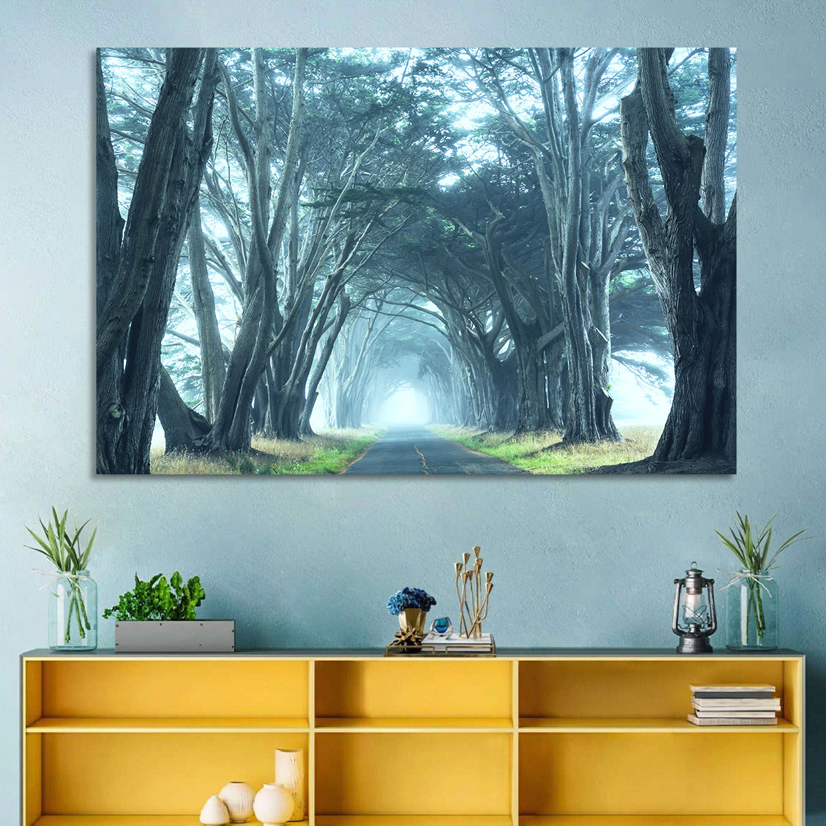 Foggy Cypress Tree Tunnel Wall Art in a room, landscape