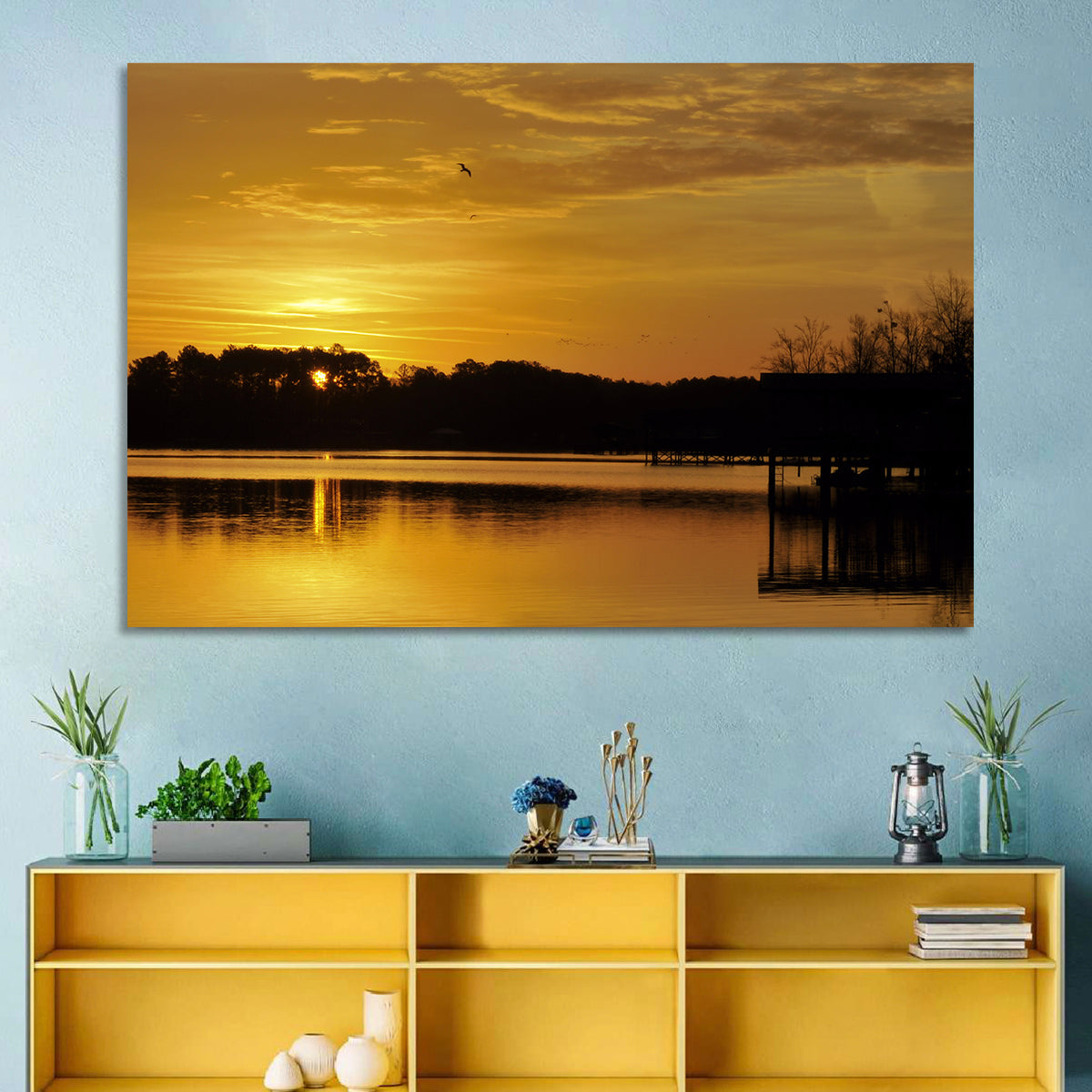 Lake Weiss Sunset Reflection Wall Art in a room, landscape