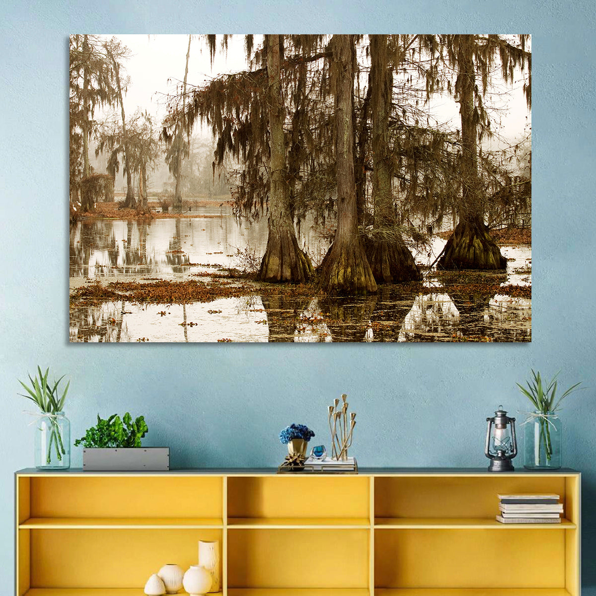 Lake Martin Cypress Morning Wall Art in a room, landscape