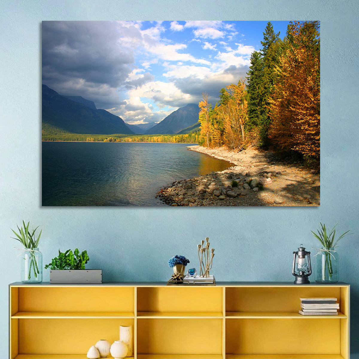 Lake Mcdonald Autumn Shoreline Wall Art in a room, landscape