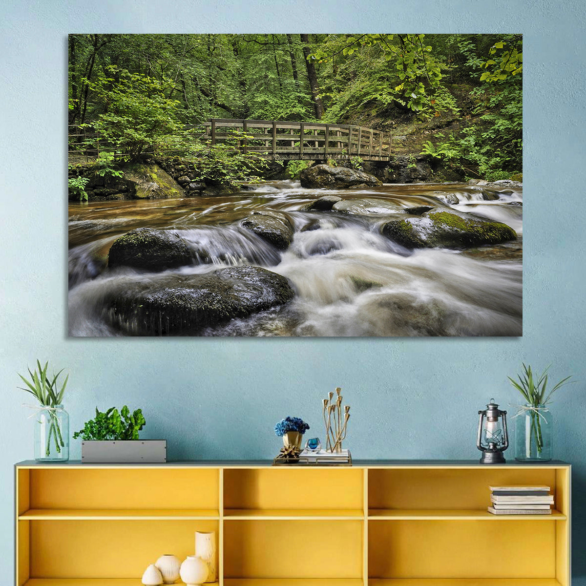 Stock Ghyll Footbridge Forest Stream Wall Art in a room, landscape