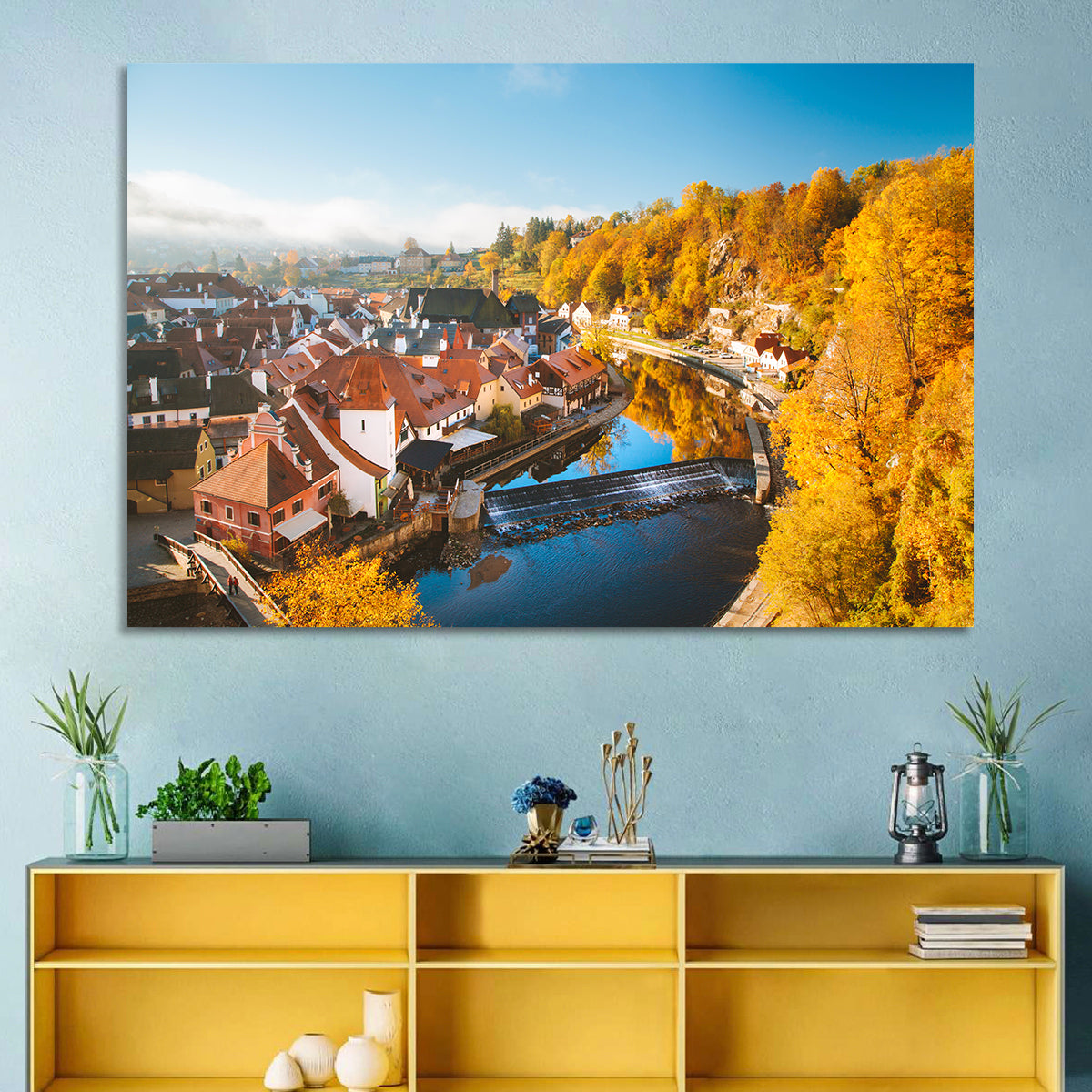 Český Krumlov River Weir in Autumn Wall Art