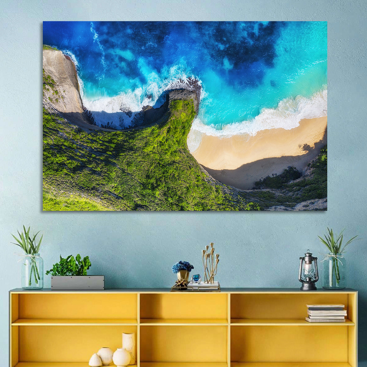 Kelingking Beach Cliffs Wall Art in a room, landscape