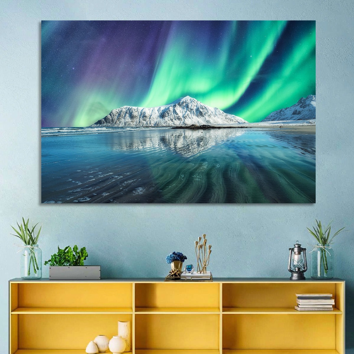 Aurora Over Skagsanden Beach Wall Art in a room, landscape