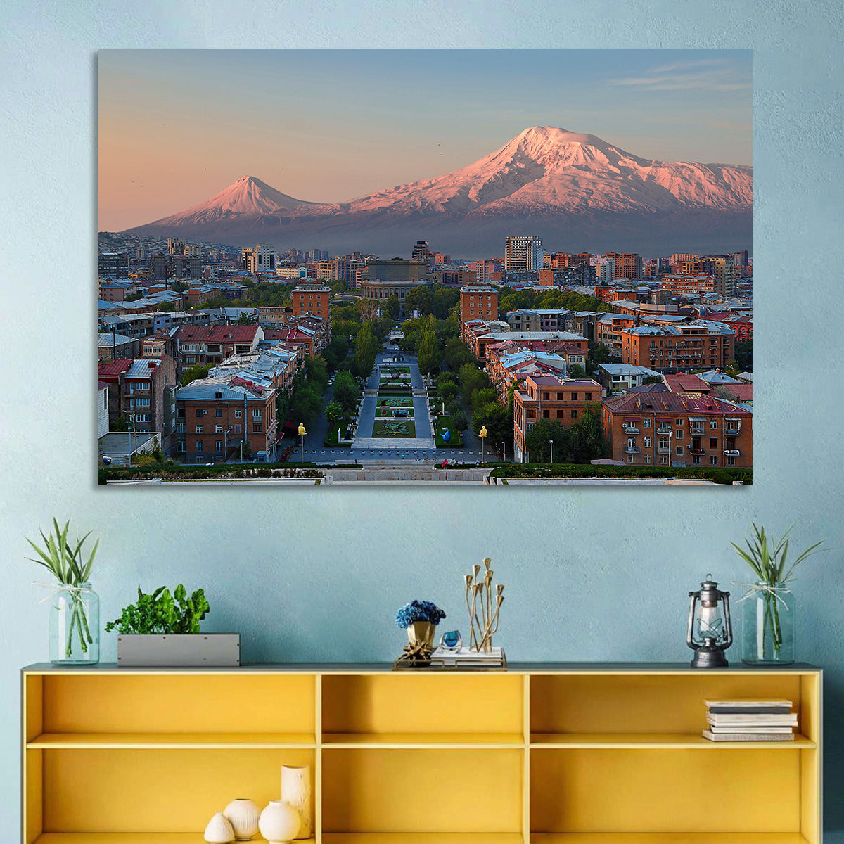 Sunset Over Mount Ararat from Yerevan Wall Art in a room, landscape