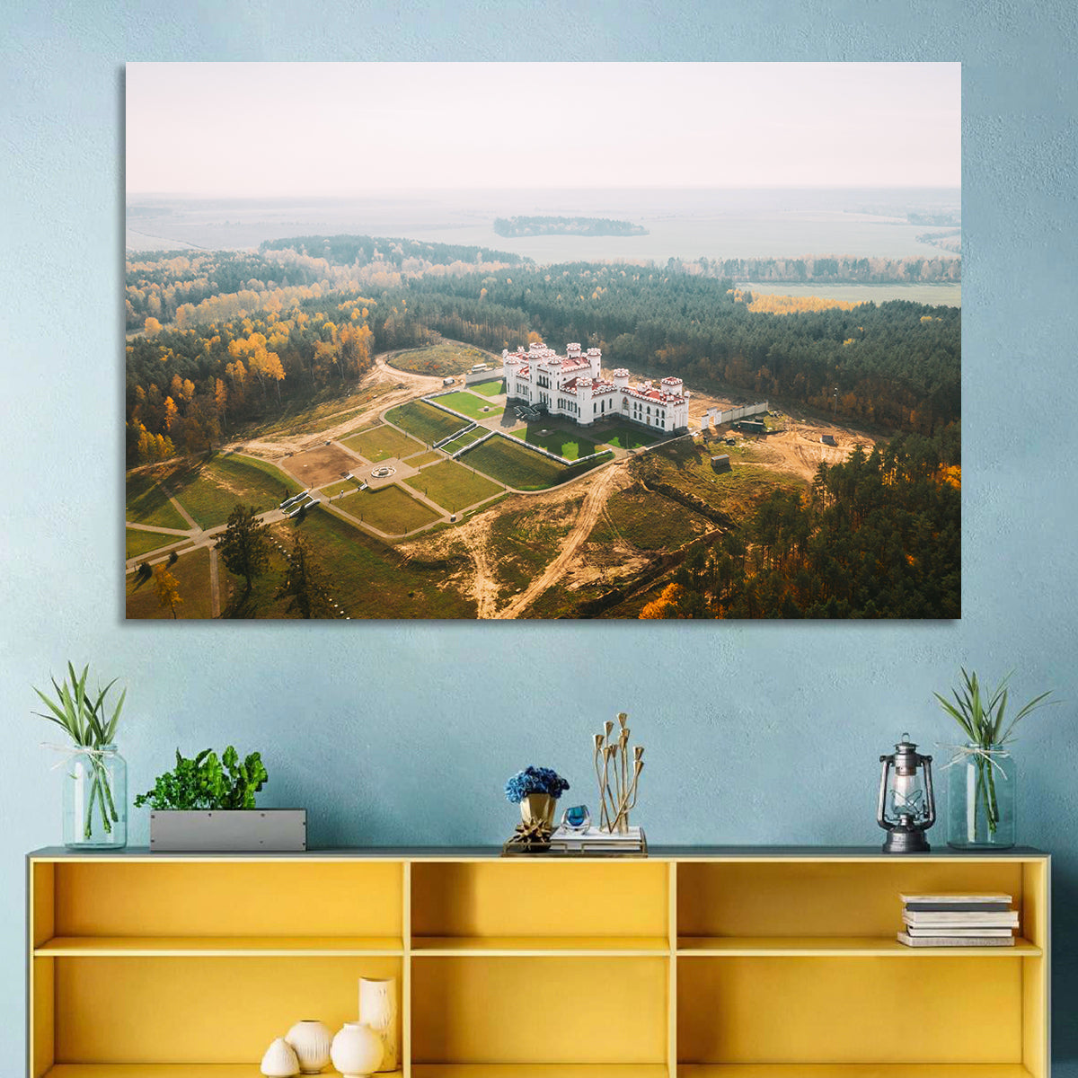 Kosava Castle Aerial View Wall Art in a room, landscape
