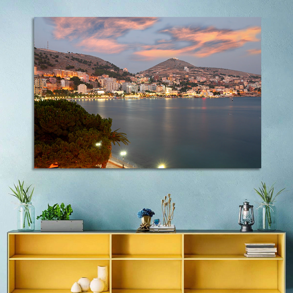 Sarandë Bay at Dusk Wall Art in a room, landscape