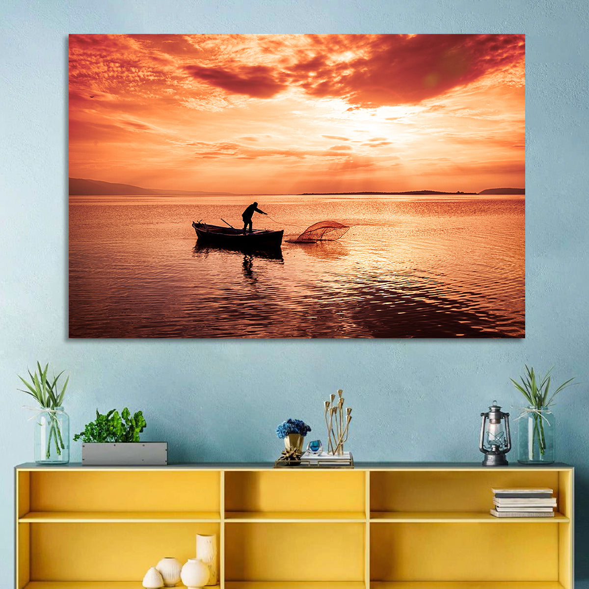 Uluabat Lake Fisherman at Dusk Wall Art in a room, landscape