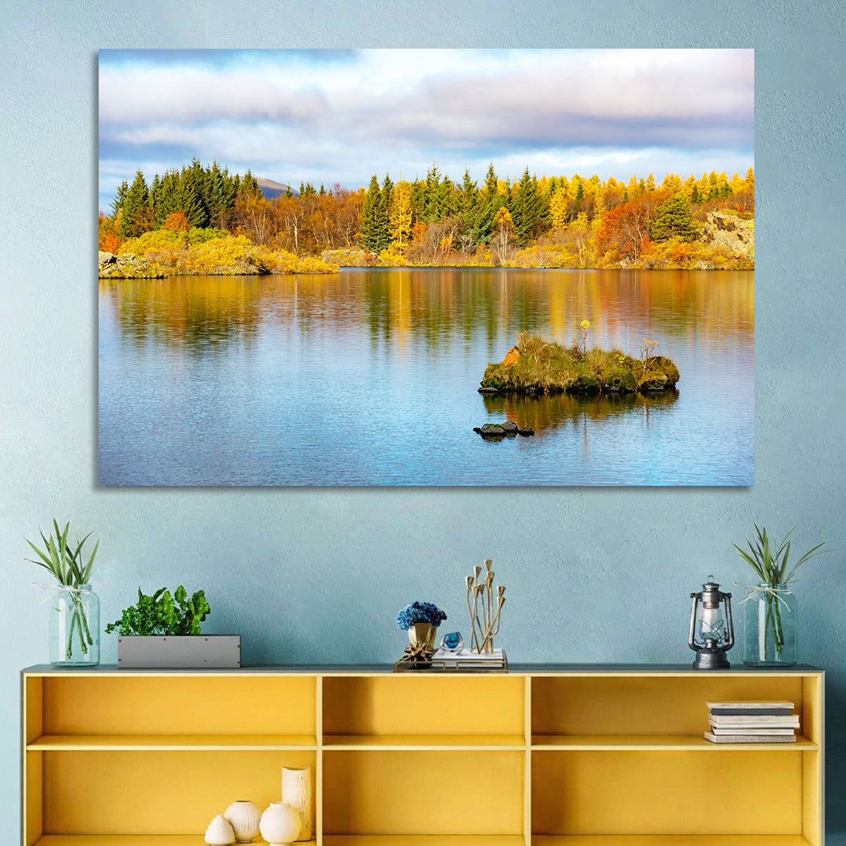 Autumn at Lake Myvatn Wall Art in a room, landscape
