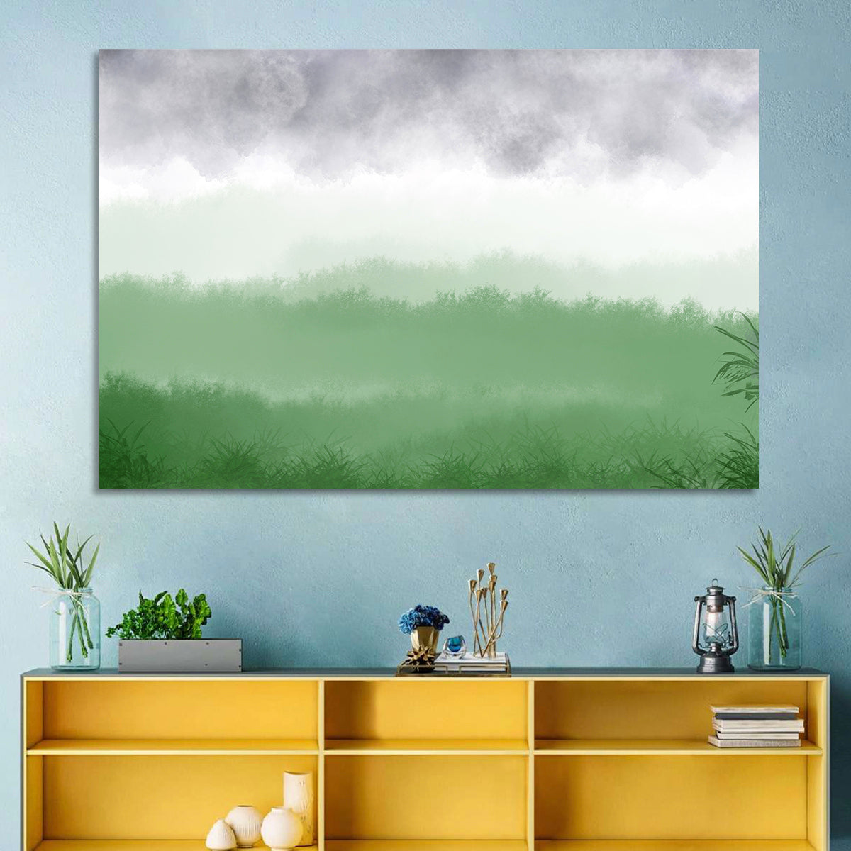 Misty Green Fields Wall Art in a room, landscape