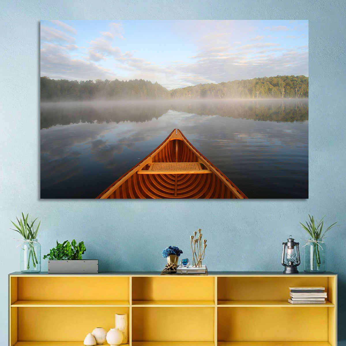 Cedar Canoe on Lake Ontario Wall Art in a room, landscape