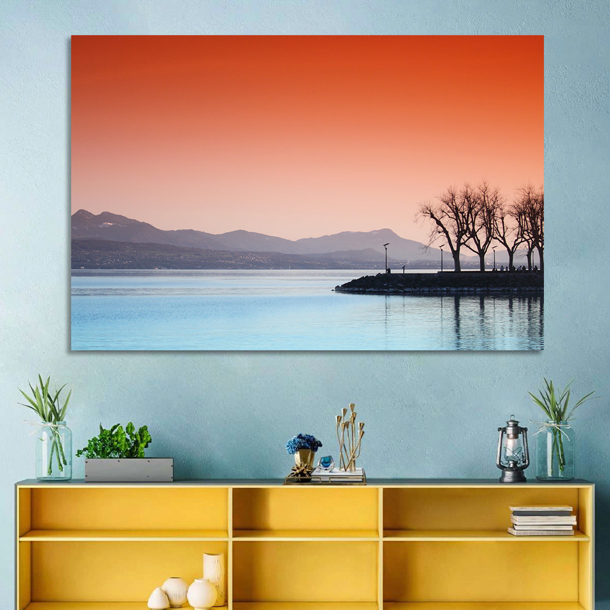 Lake Geneva Sunset Reflection Wall Art in a room, landscape
