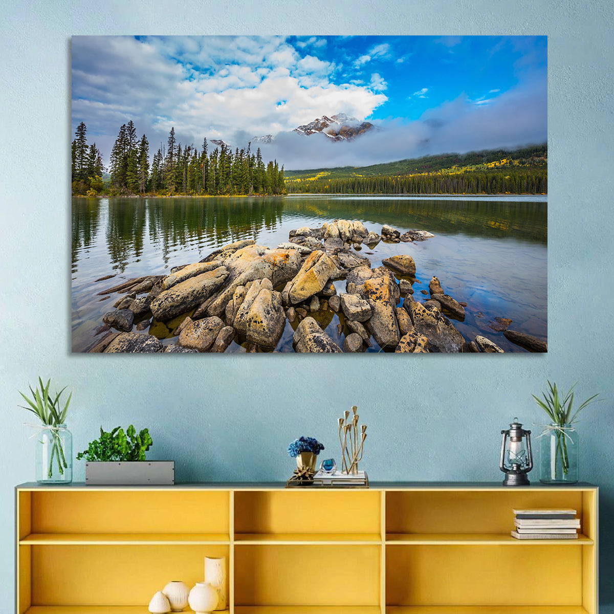 Pyramid Lake Reflections Wall Art in a room, landscape