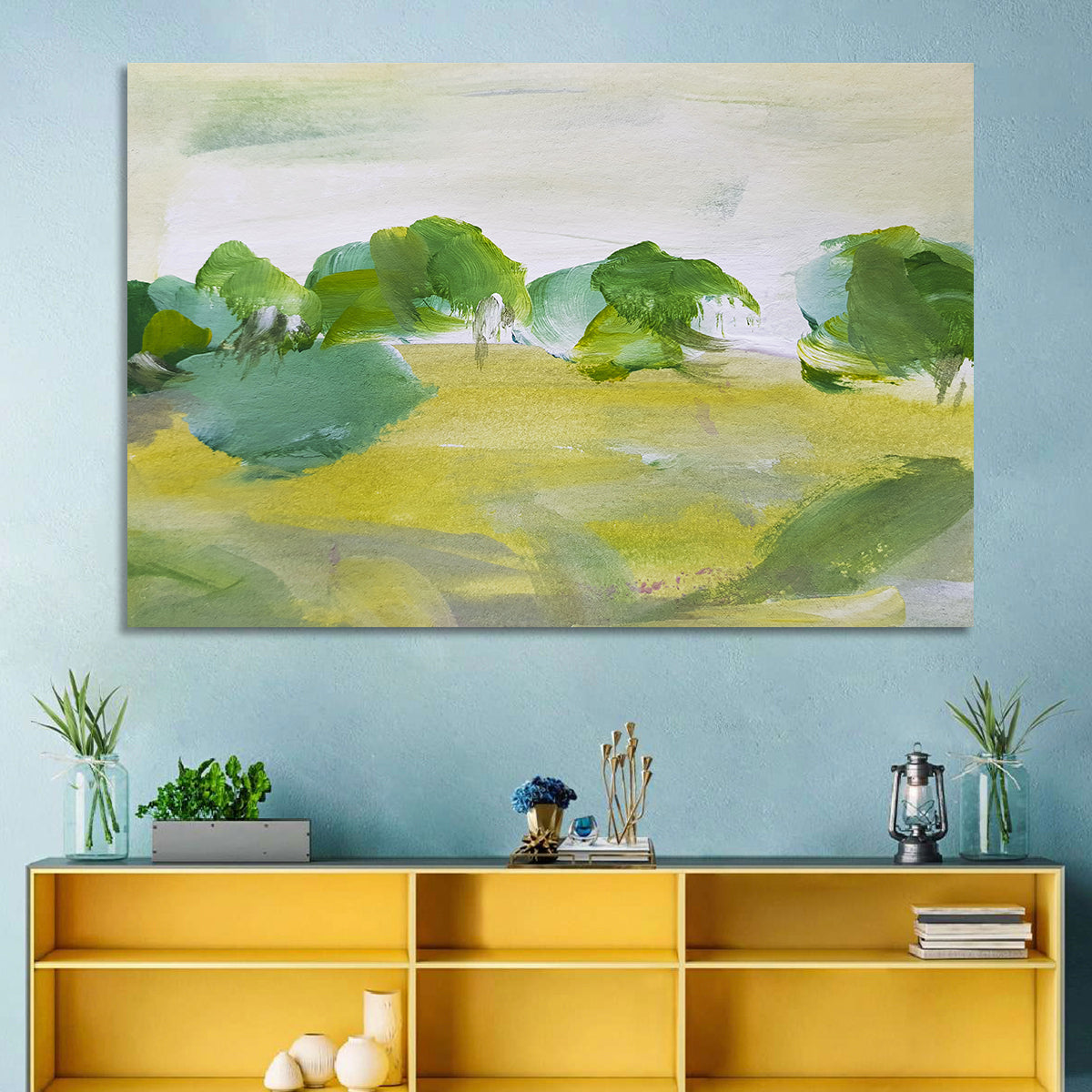 Rural Fields Abstract Wall Art in a room, landscape