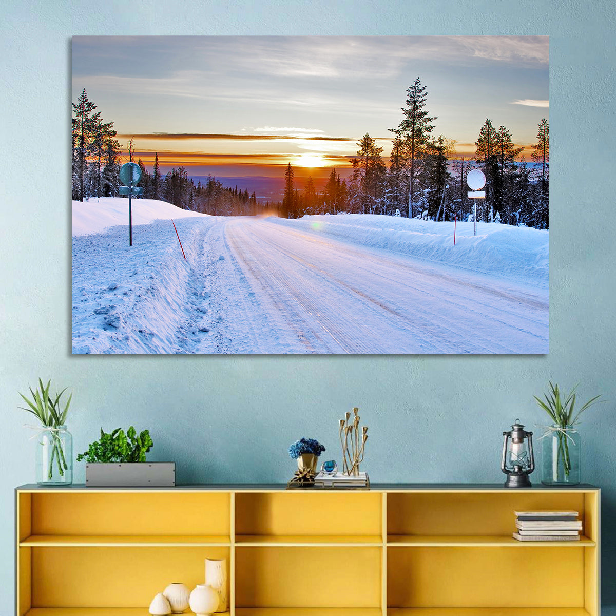 Snowy Road at Sunset Wall Art in a room, landscape