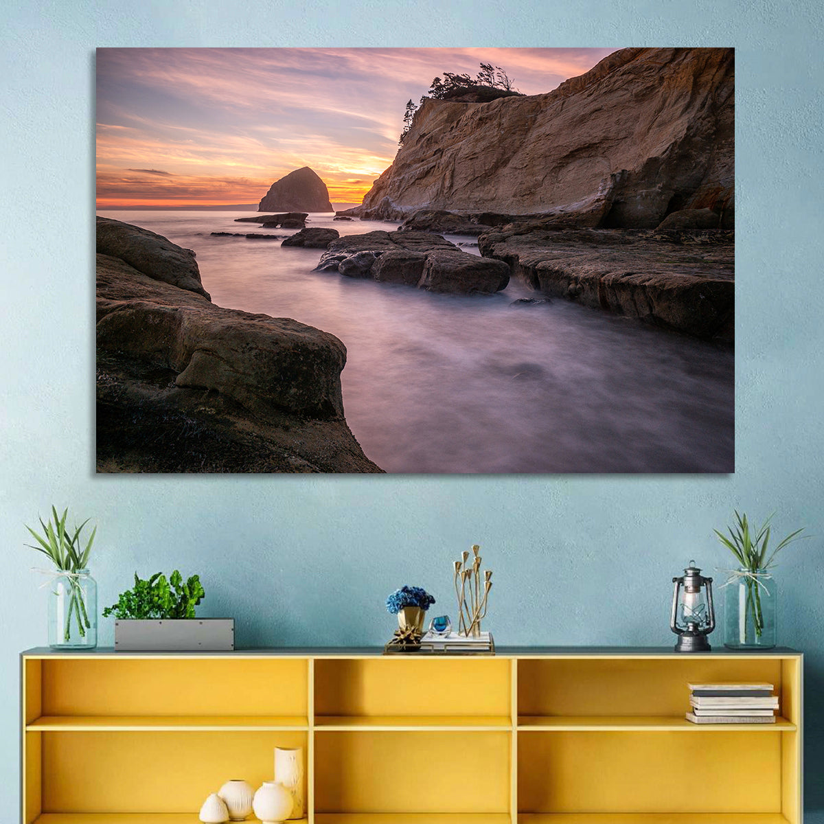 Haystack Rock at Cape Kiwanda Wall Art in a room, landscape