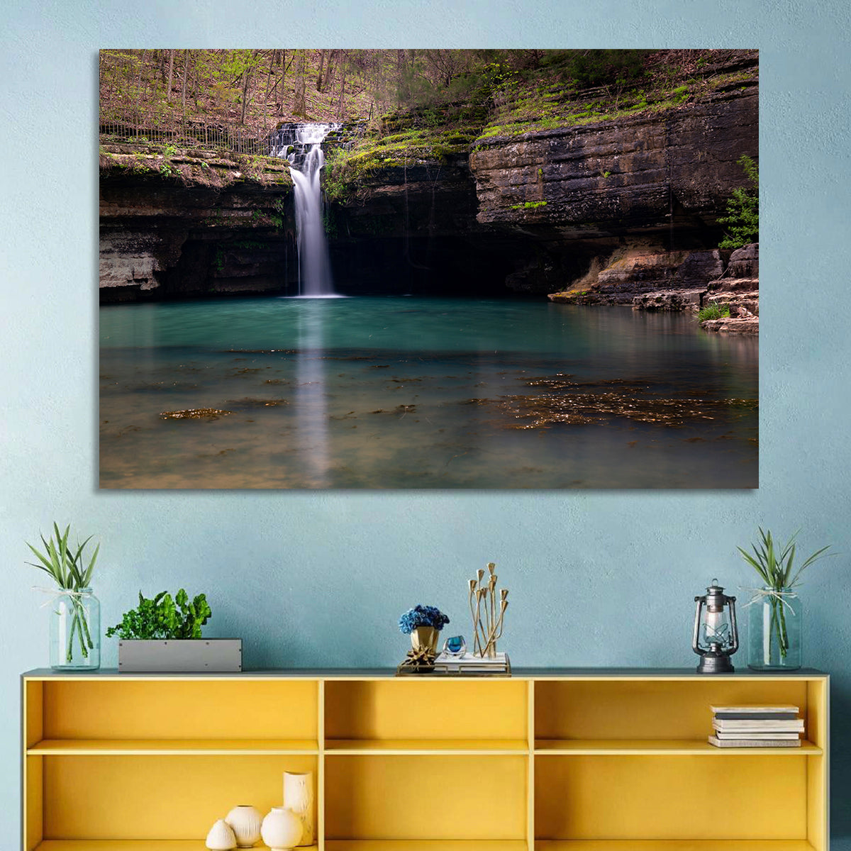 Mossy Cove Waterfall Wall Art in a room, landscape