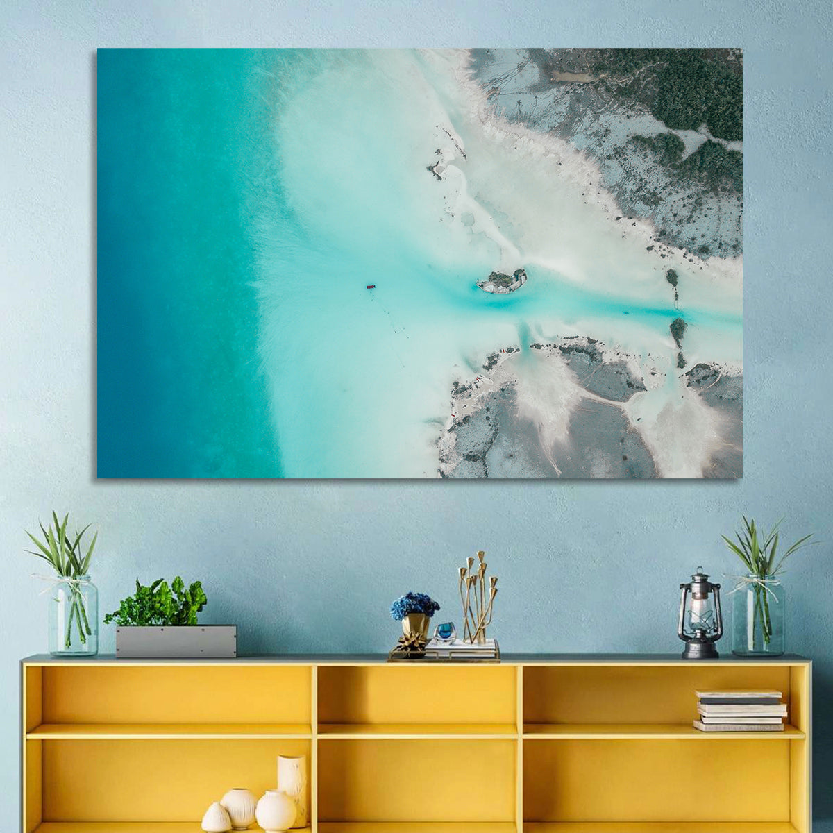 Bacalar Lagoon Aerial Wall Art in a room, landscape
