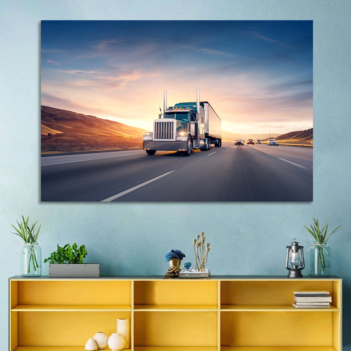 Semi Truck Highway Sunset Wall Art