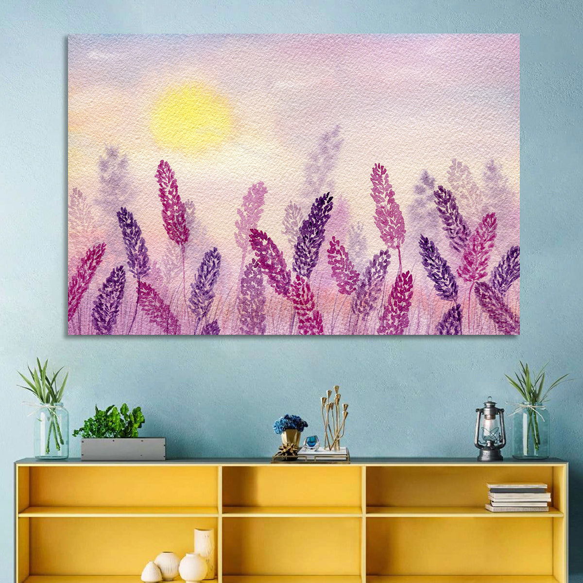 Sunlit Lavender Field Wall Art in a room, landscape