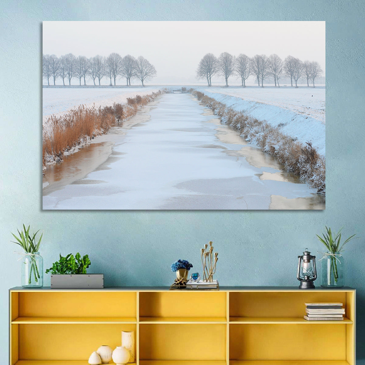 Frozen Canal with Bare Trees Wall Art in a room, landscape