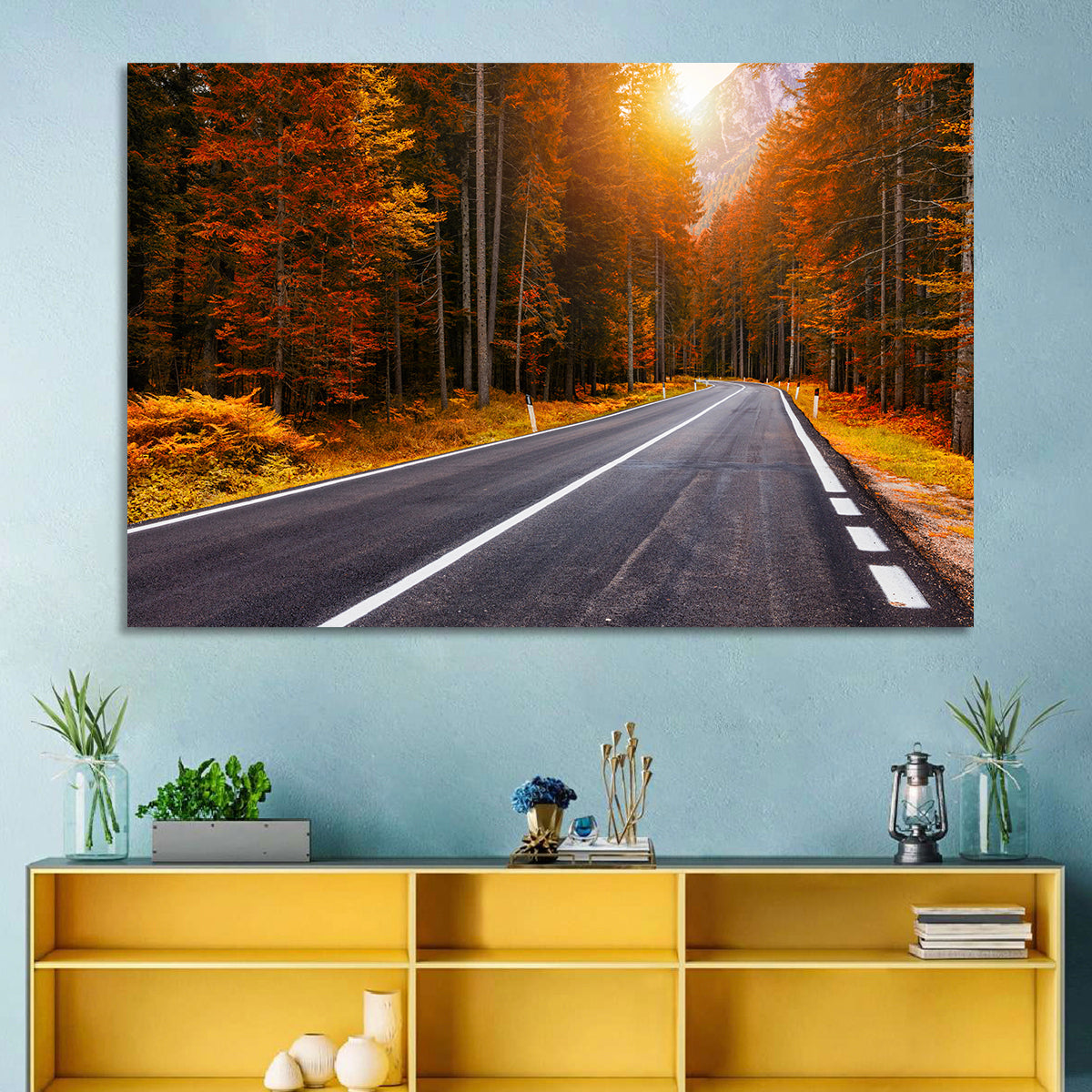 Golden Hour Forest Road Wall Art in a room, landscape