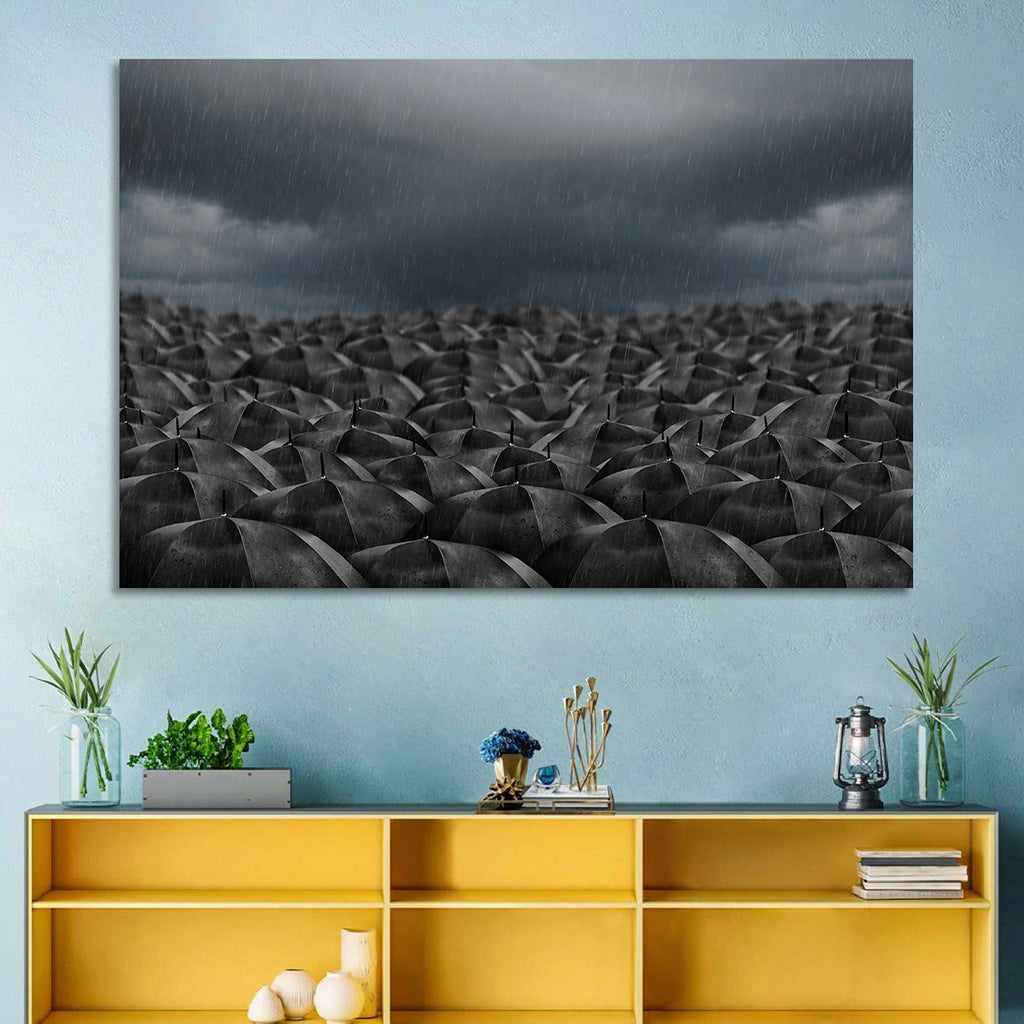 Clustered Umbrellas in Rain Wall Art