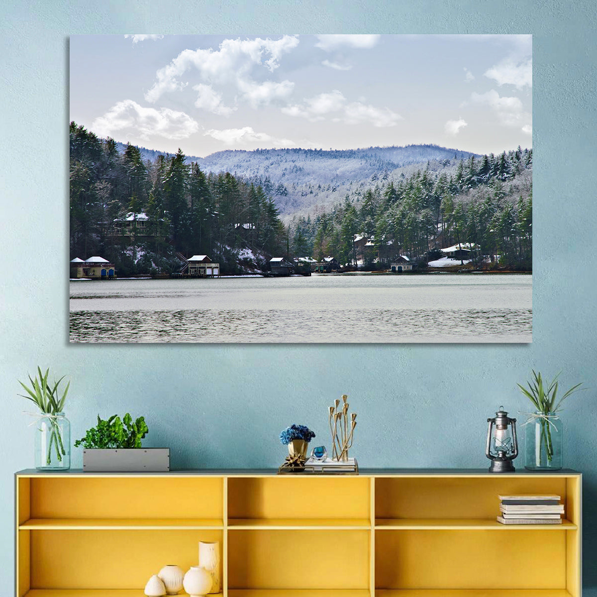 Lake Rabun Winter Scene Wall Art in a room, landscape