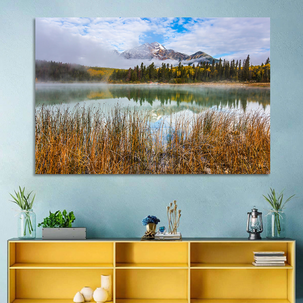 Pyramid Mountain with Golden Grasses Wall Art in a room, landscape