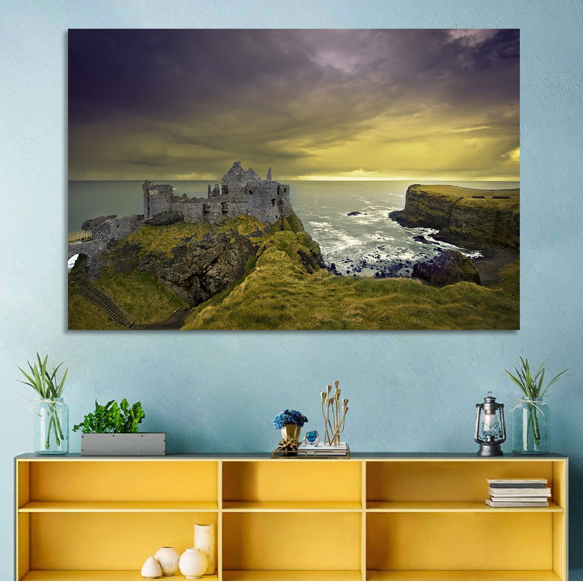 Dunluce Castle Ruins Wall Art in a room, landscape