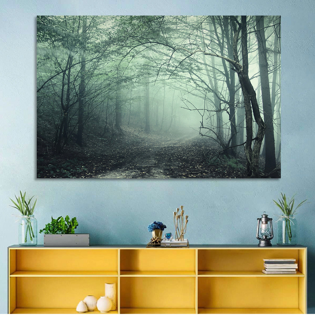 Misty Forest Path Wall Art in a room, landscape