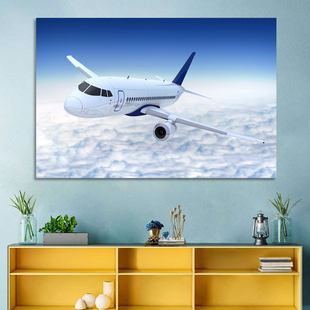 Commercial Jet Above Clouds Wall Art in a room, landscape