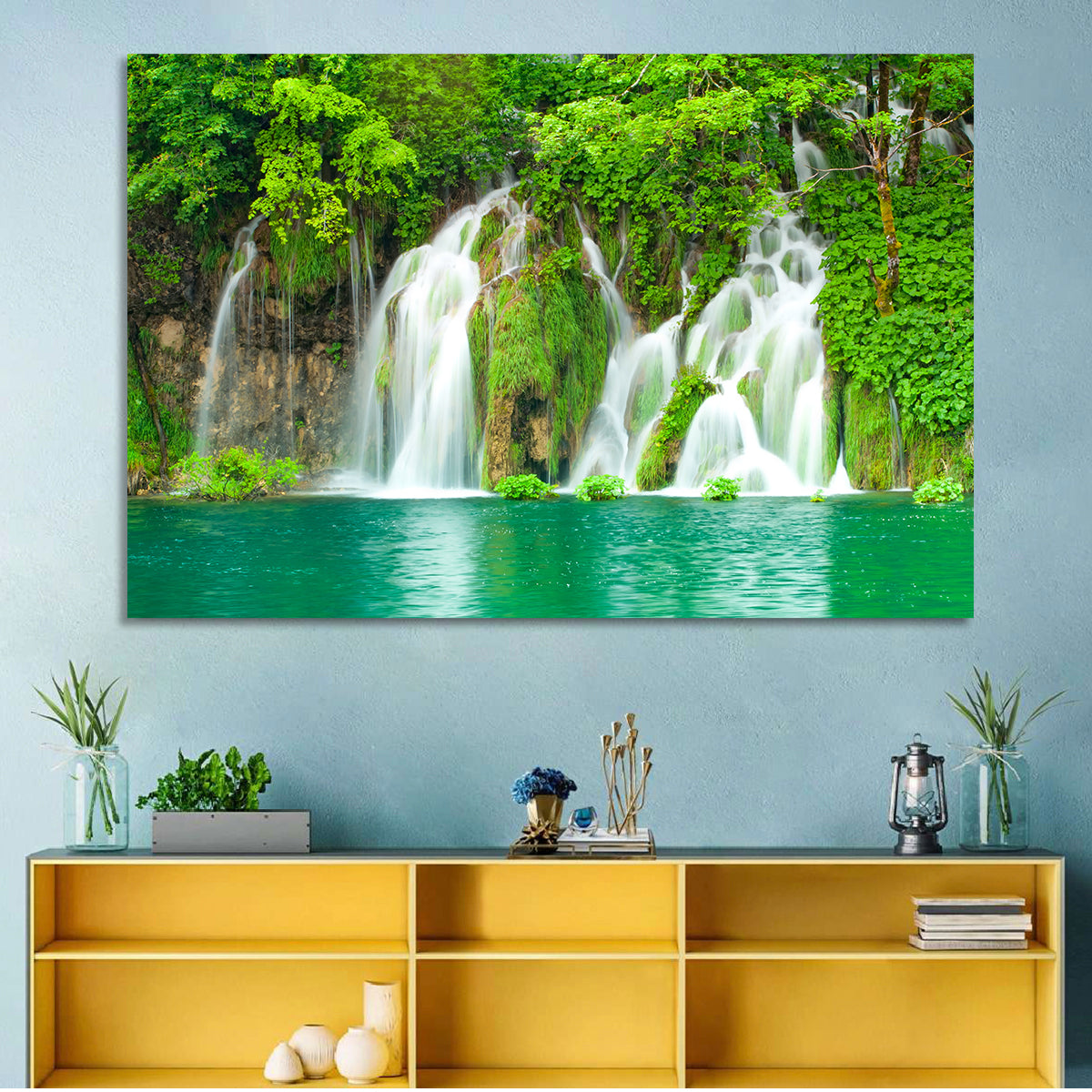 Plitvice Lakes Cascades Wall Art in a room, landscape