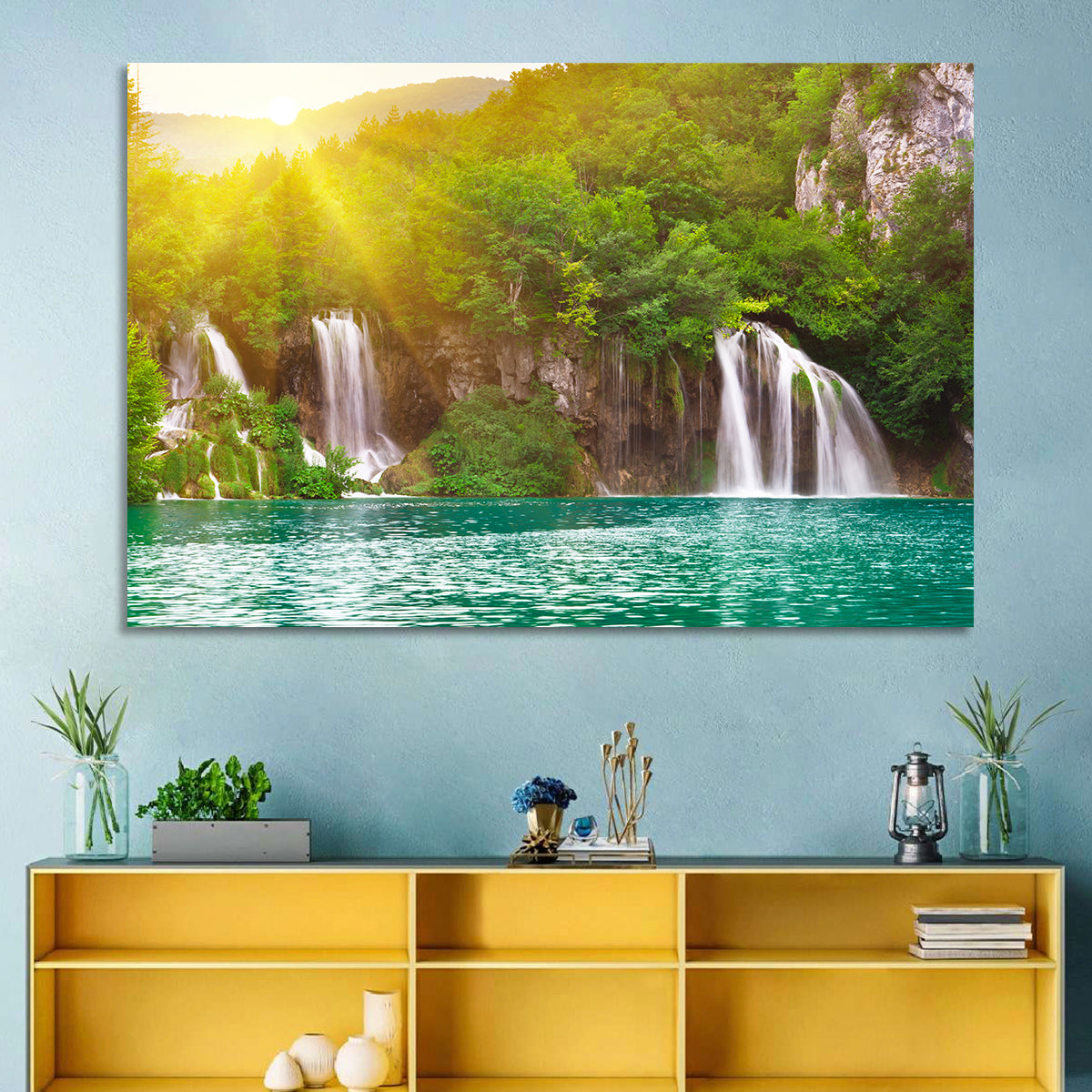 Plitvice Cascades at Sunrise Wall Art in a room, landscape