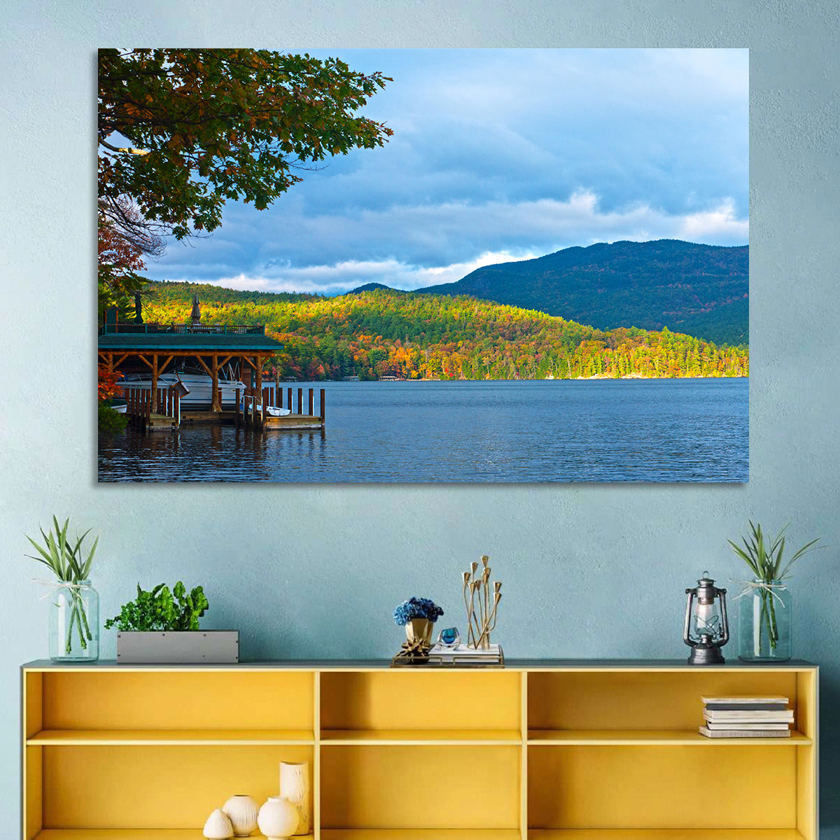Lake George Boathouse in Autumn Wall Art in a room, landscape