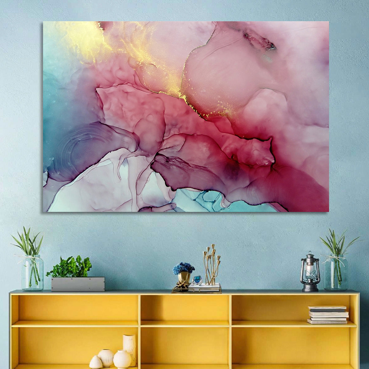 Pink and Gold Fluid Abstract Wall Art in a room, landscape