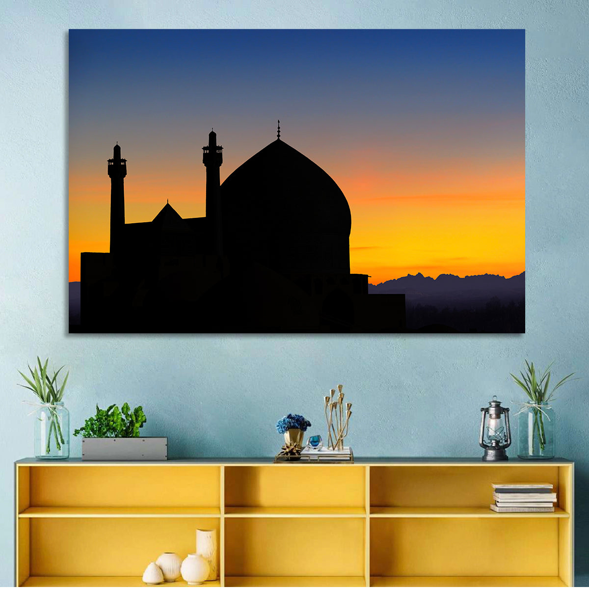 Isfahan Mosque Silhouette at Dusk Wall Art in a room, landscape