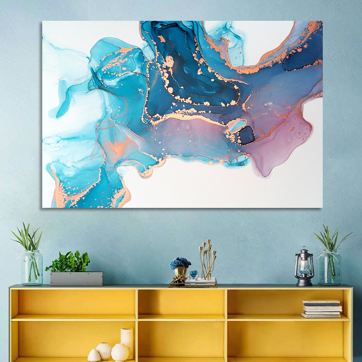 Fluid Ink with Metallic Gold Accents Wall Art in a room, landscape