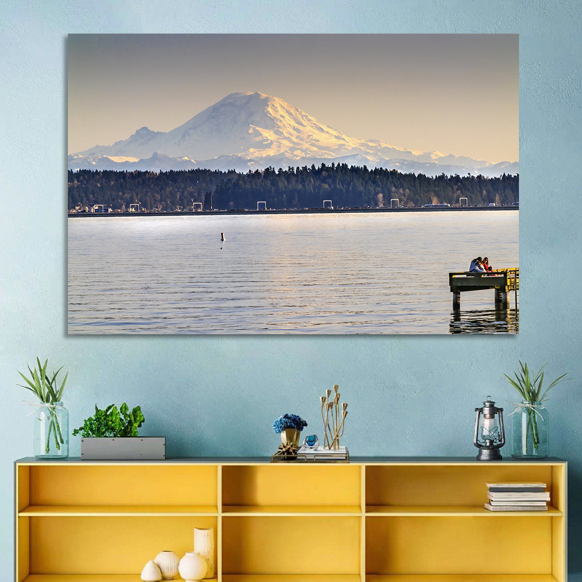 Mount Rainier Over Lake Washington Wall Art in a room, landscape