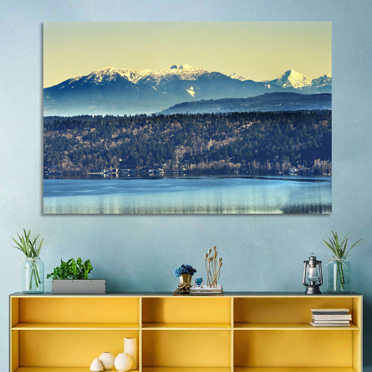 Lake Sammamish Reflection Wall Art in a room, landscape