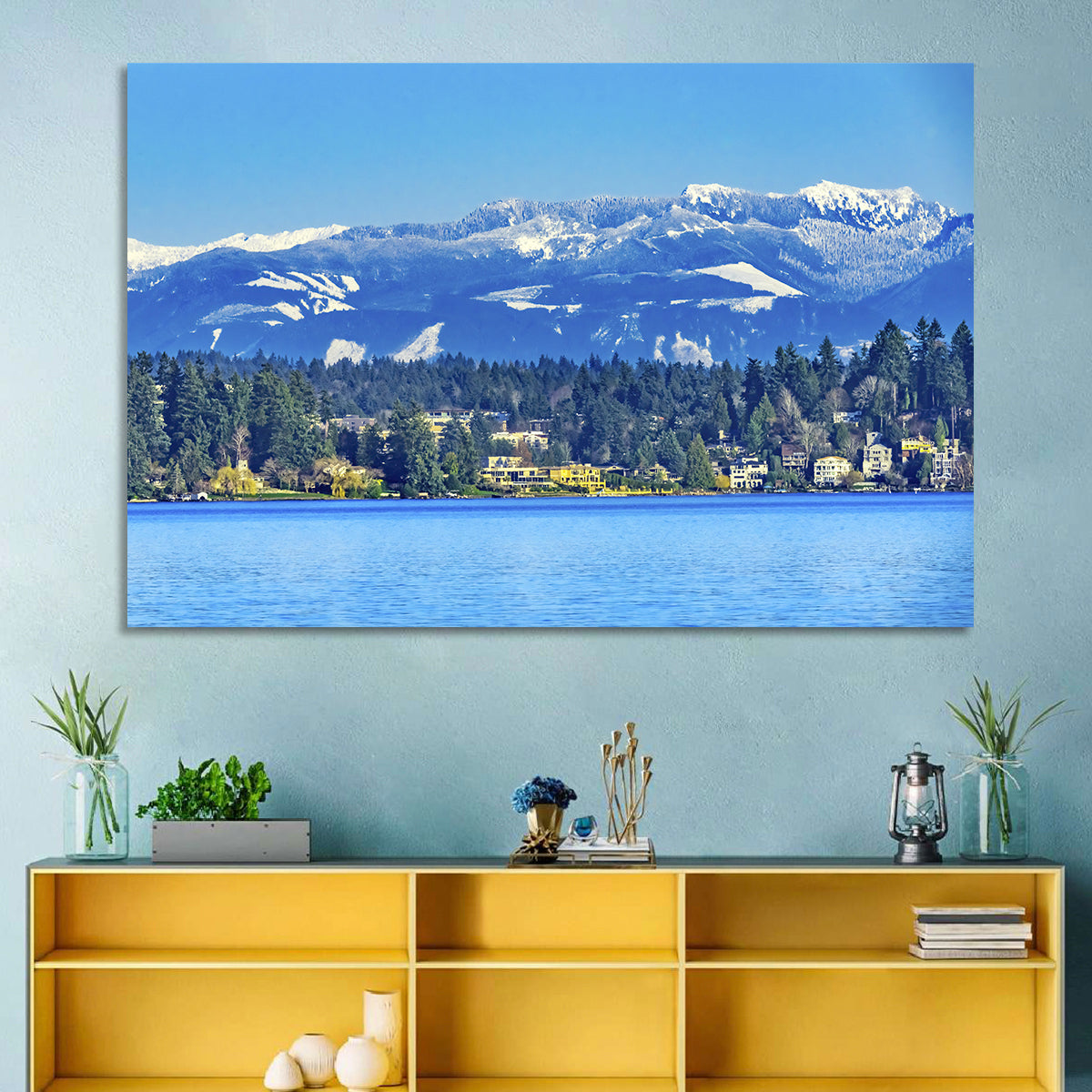 Lake Washington Snow-capped Peaks Wall Art in a room, landscape