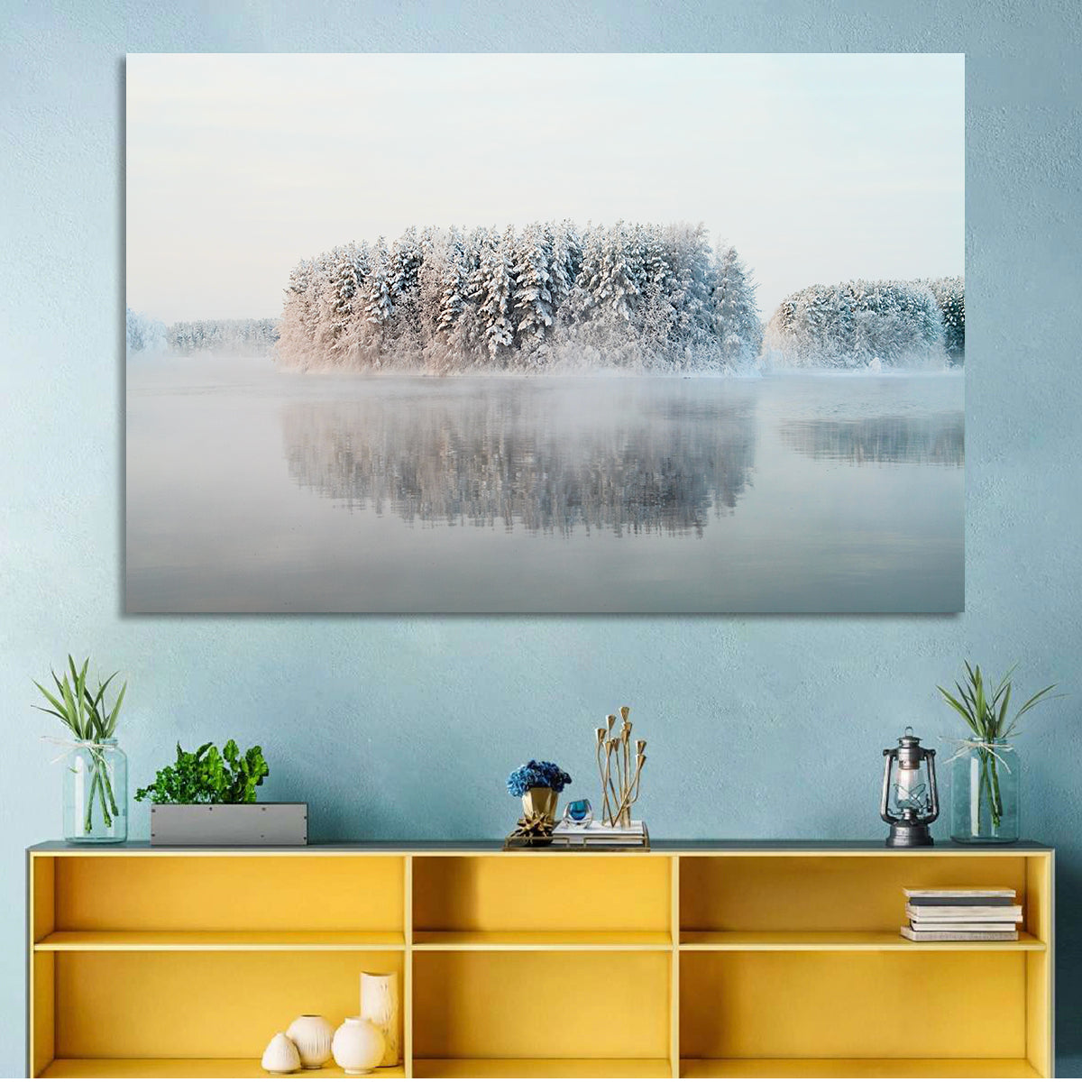 Misty Karelia Lake Wall Art in a room, landscape