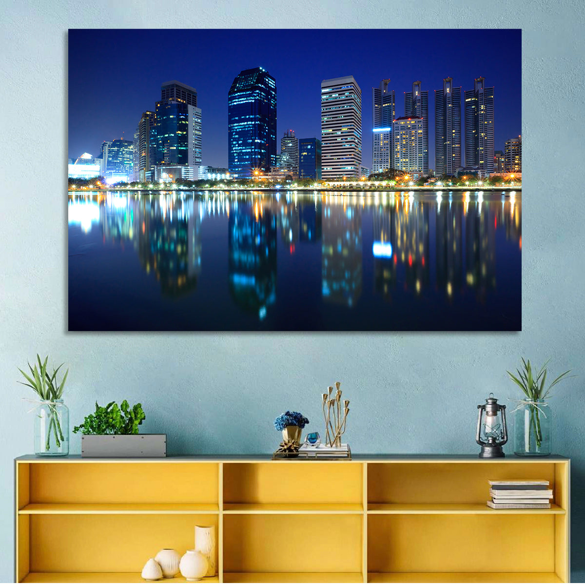 Benjakitti Park Night Skyline Wall Art in a room, landscape