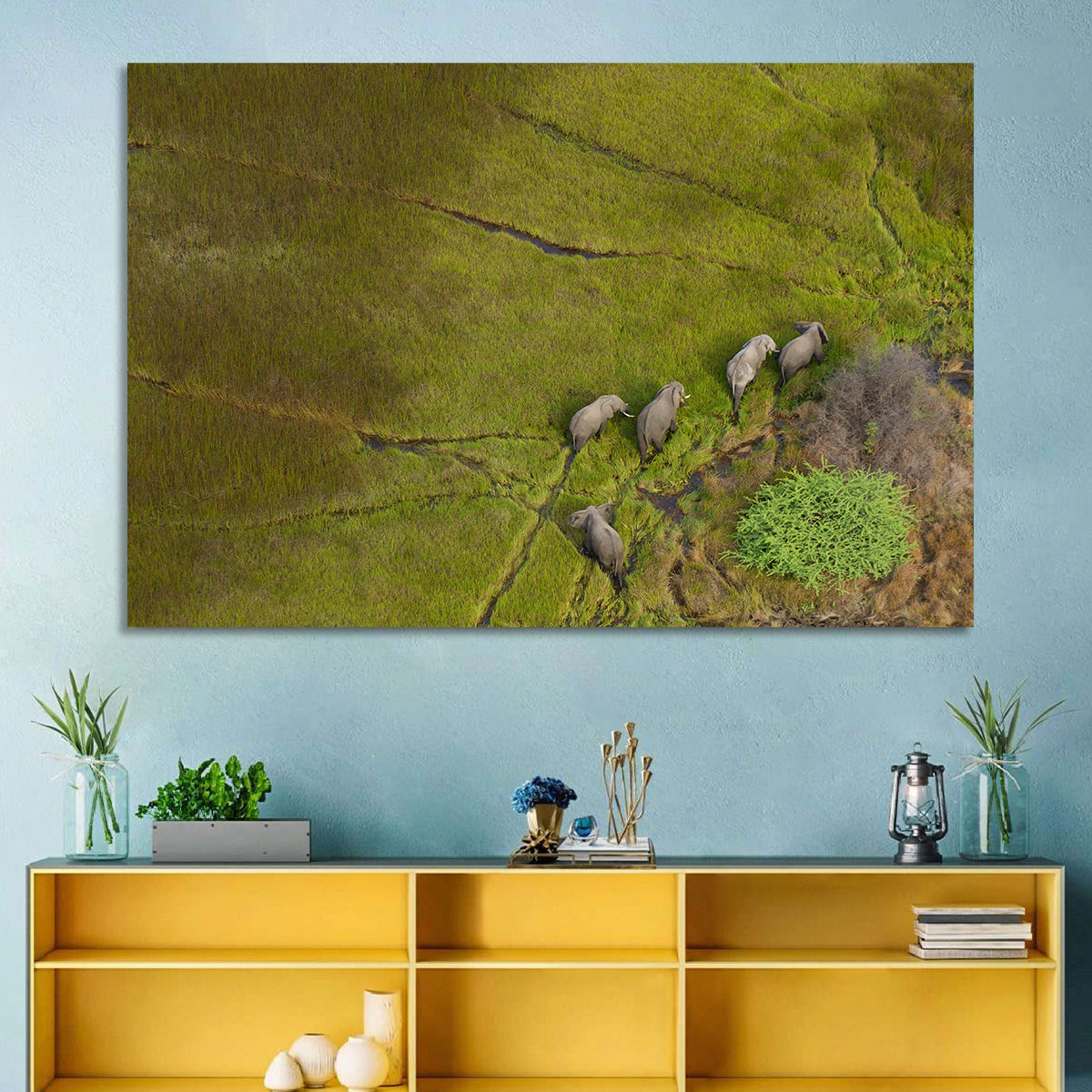 Aerial Herd of Elephants Wall Art in a room, landscape