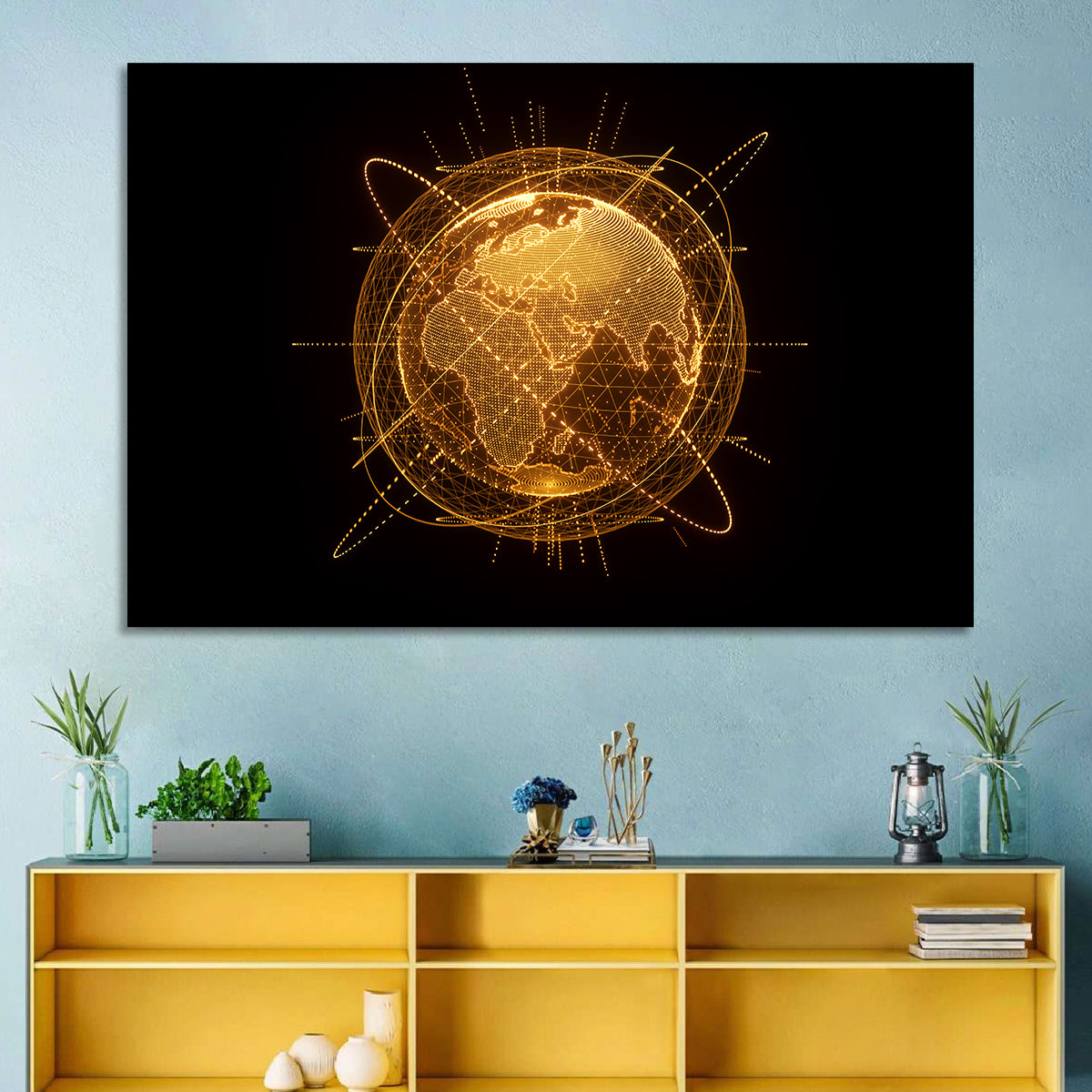 Golden Hologram Globe Wall Art in a room, landscape