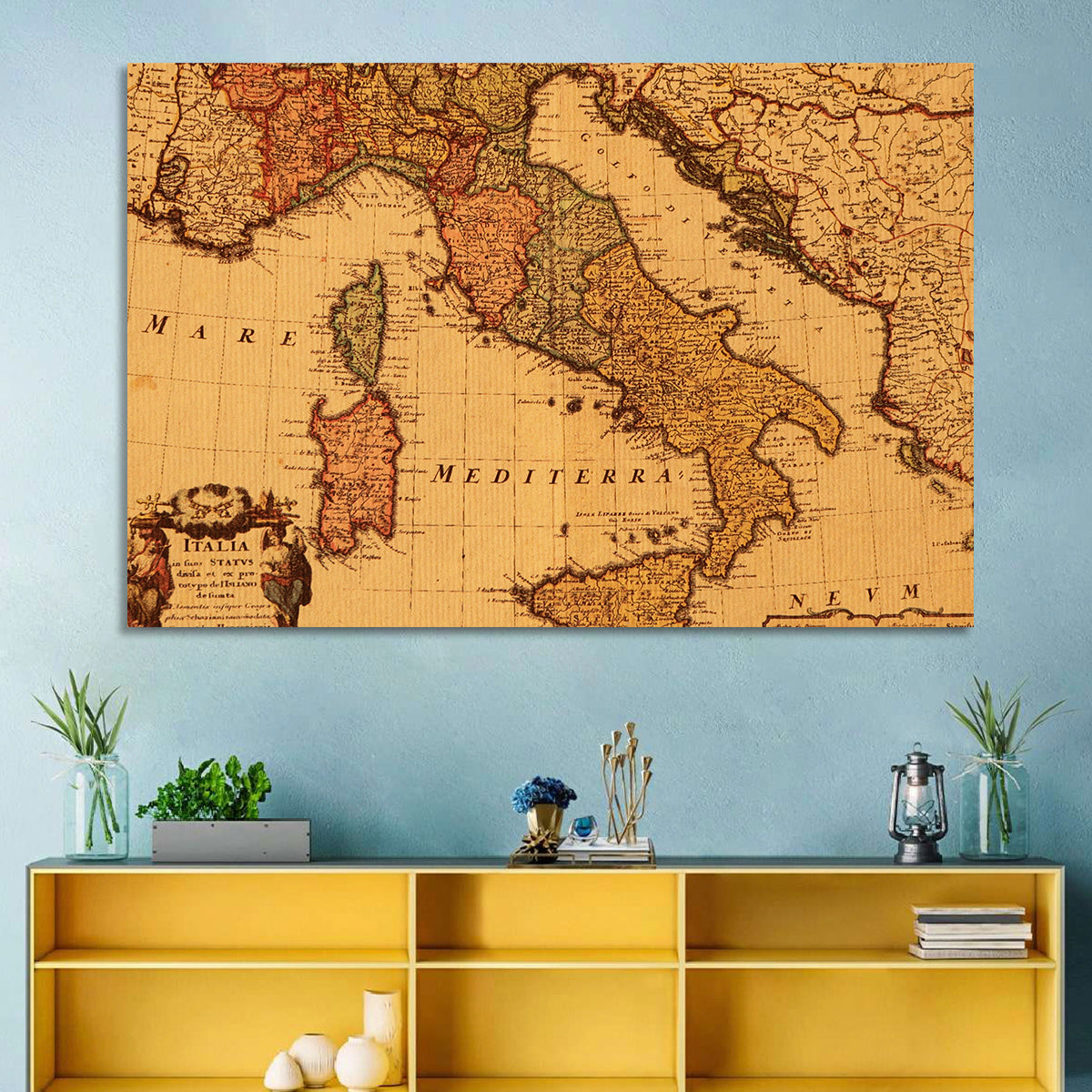 Antique Map of Italy with Ornate Cartouche Wall Art