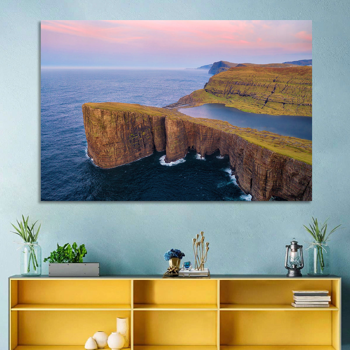 Sørvágsvatn Clifftop Lake Wall Art in a room, landscape