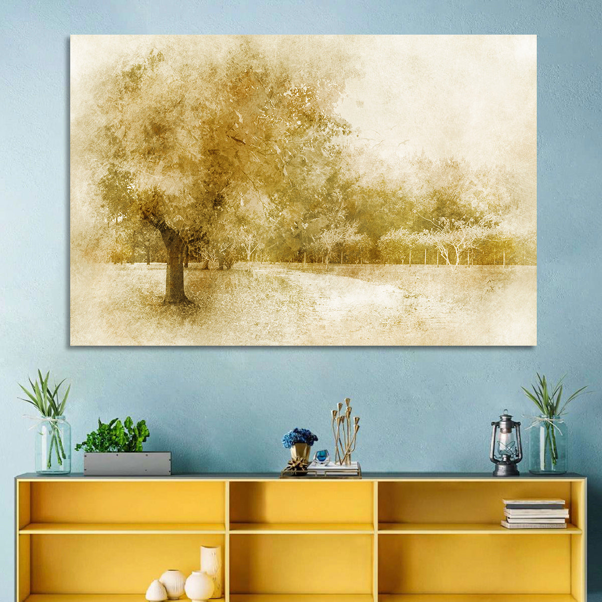 Sepia Orchard Pathway Wall Art in a room, landscape