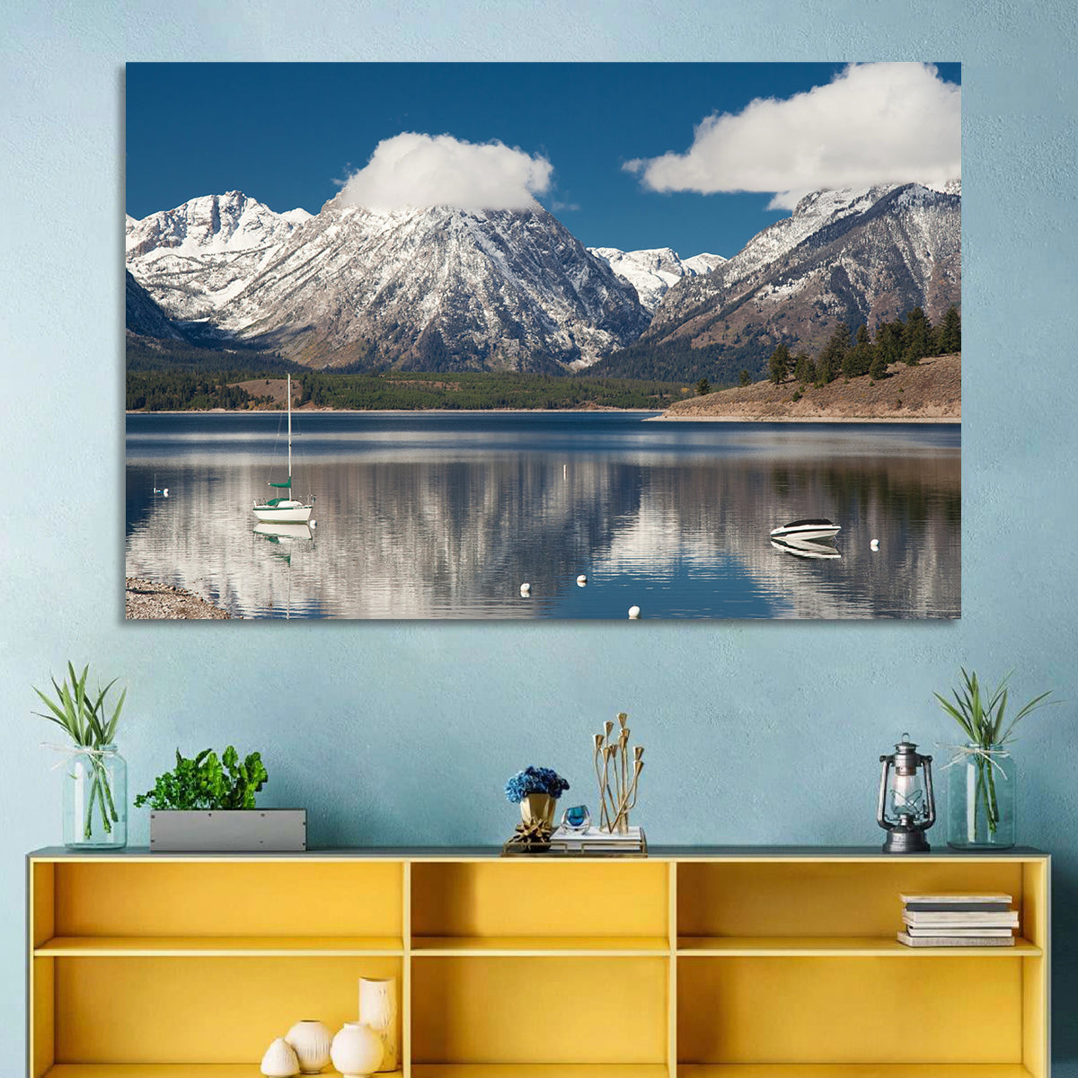 Jenny Lake Reflection Wall Art in a room, landscape
