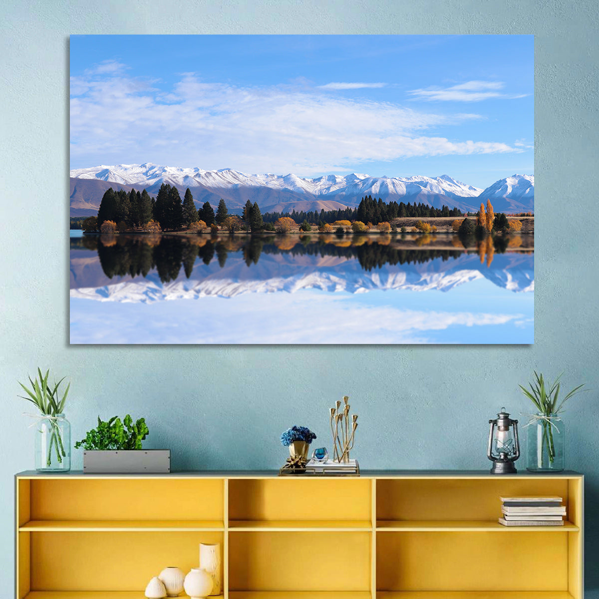 Ruataniwha Lake Reflection Wall Art in a room, landscape